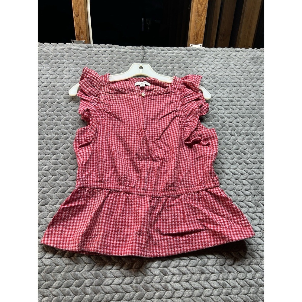 Free Assembly Womens S Red Gingham Peplum Blouse Ruffle Sleeve Cottagecore